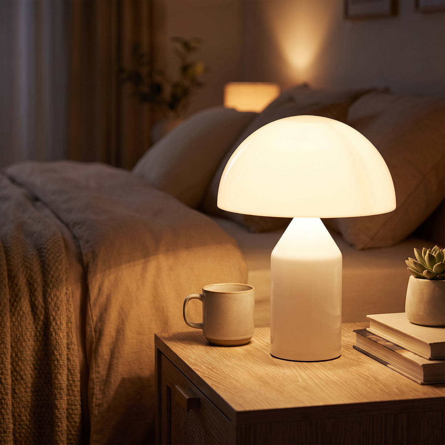 Mushroom Desk Lamp glowing warmly in a cozy bedroom
