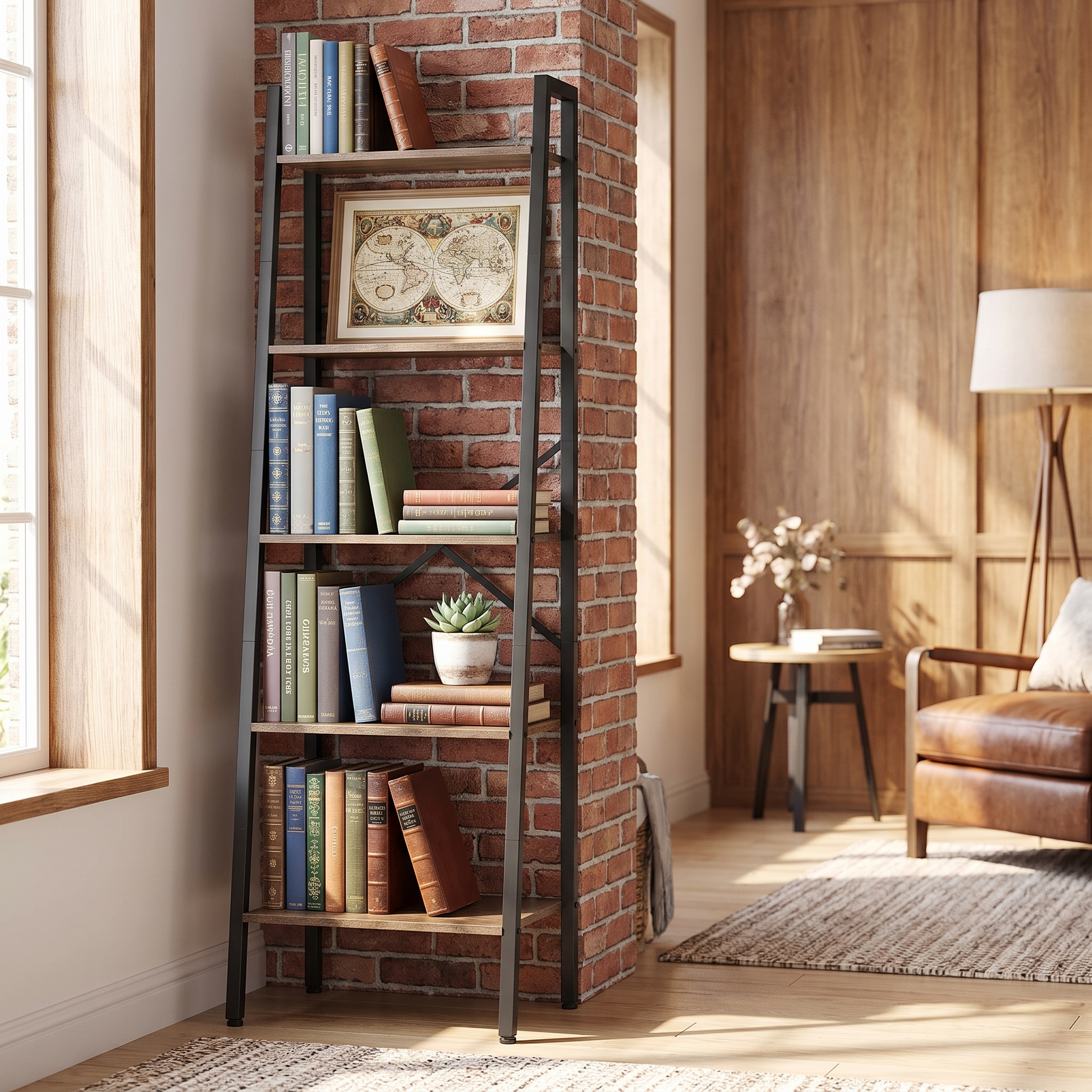 Hoctieon 5-Tier Industrial Ladder Bookshelf styled in a warm home office