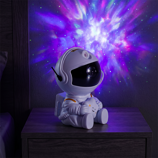 Astronaut Galaxy Projector on a nightstand with nebula wall projection